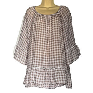 Zac & Rachel Peasant Blouse Womens Large Beige Check Top Lace Bell Sleeves Boho